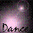 Pixelated image with a central light pink glow surrounded by purple and gray gradient pixels, featuring the word 'Dance' in bold black block letters at the bottom.