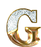 Two side-by-side golden 'G' letters with glittery white fill and gold outlines, one showing a small starburst effect on top.