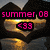 Animated sequence of beach-themed buddy icons with text overlays over a sunset water background, showing changing phrases and emoticons.