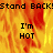 Pixelated flame background with repeated text 'Stand BACK!' and 'I'm HOT' in black block letters, split into two sections by a gray rectangle.