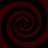Four identical spiral patterns arranged in a on a dark red background, each with black and dark red concentric spirals