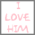 Two side-by-side pixelated images: left shows pink text "I LOVE HIM" on white background with gray border; right displays three pink heart symbols '<3' stacked vertically on white background with pink border.