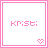 Two side-by-side square icons with pink borders display the name 'KRISTI' in pixelated text, one in pink and one in black, each featuring a small pink heart symbol at bottom right.