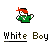 Pixel art of a character in green shirt and red cap holding a soccer ball, with 'White Boy' text below.