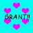 Cyan background with scattered pink pixelated hearts and repeated black text 'GRANT!!' in four locations.