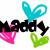 Two side-by-side pixelated text designs with 'Maddy' in stylized letters, each surrounded by colored heart shapes.