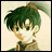 A 48x48 pixel buddy icon featuring a split composition with an anime-style character on the left and stylized text on the right against a black background.