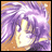 Pixelated anime-style character with long purple hair and glowing yellow eyes against a brown background, next to black with white text