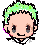 Pixelated chibi-style character with green hair and black clothing, shown in three sequential poses with mouth and eye changes.