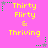 Pixelated text 'Thirty Flirty & Thriving' in yellow on pink background with green and gray star-shaped elements.