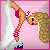 Pixel art animation of a cartoon woman in bikini performing a handstand on a white object with pink accents, displayed across four frames in a 2x2 contact sheet layout.