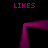 A static image with a black background features four instances of the word 'LIKES' in magenta pixelated text surrounding a large, thick magenta square outline.