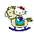 Hello Kitty character with red bow riding a beige rocking horse, teal saddle, blue base, and green reins on gray background.