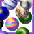 Animated contact sheet of a 5x5 grid showing sequential frames from an AIM buddy icon animation featuring marbles, green curved shapes, and changing text overlays.