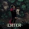 Pixel art character in black outfit with red scarf stands in forest, holding sword and shield; text "-ENTER-" appears at bottom.