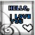Two side-by-side pixelated images display 'HELLO, I LOVE YOU' text with a heart symbol; left image has blue text and right image has black text.