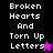 Pixelated text 'Broken Hearts And Torn Up Letters' appears on split backgrounds with a star symbol changing color and position.
