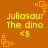 Pixelated orange background with yellow text reading "Juliasaur The dino" and a heart symbol, surrounded by small square corner decorations.