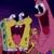 Yellow sponge character with green spots and white shorts stands next to pink starfish-like creature against dark purple background.