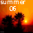 Animated orange sunset scene with dark tree silhouettes and changing text above the trees.