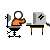 Pixelated animation of a figure in an orange shirt at a desk, interacting with a computer monitor that emits yellow light effects.