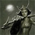 A pixelated figure in dark clothing holds a long object against a muted background with a bright circular shape.