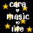 Black background with yellow stars and white text reading 'cara magic to life' repeated in a pattern