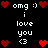 Pixel art displays 'omg :) i love you <3' text with red heart symbols on black background, arranged in repeating pattern with animated heart changes