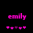 Pixelated pink text 'emily' above five pink and purple heart icons on a black background, with one heart changing color between frames.