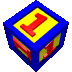 blue-bordered yellow cubes with red '1' numerals, each cube rotated to show multiple faces against a gray background