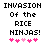 Pixelated text reads "INVASION Of the RICE NINJAS!" above five pink heart symbols on a white background.