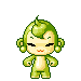 Pixel art character with green hair and body, light beige face and torso, blue eyes, small red mouth, two round ears on each side of head.