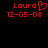 Red pixelated text and symbols on black background, two side-by-side views showing identical content with one view having a heart symbol replacing the 'o' in Laura.