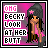 A 6-frame animated contact sheet of a pixel art character with long brown hair, pink top, and dark beanie with star, against a pink-to-gray gradient background, displaying text "OMG BECKY LOOK AT HER BUTT" in varying color states across frames.