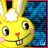Yellow bunny with white ears and pink cheeks, smiling with visible teeth against a blue textured background. Orange text 'CUDDLES' runs vertically along the right edge.