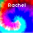 Pixelated image with swirling rainbow gradient background and white text reading 'Rachel' at top center.