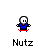 Pixelated character in blue shirt and red pants performs sequential actions on gray background with 'Nutz' text below.