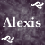 Static image with pixelated text "Alexis" and four white abstract shapes on a dark background.