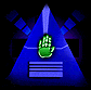 Animated sequence showing a blue triangular shape with green hand symbol and horizontal lines, rotating through multiple angles against dark background.