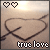 Pixelated icon with two black heart outlines at top, a large brown curved line forming an abstract shape in the center, and 'true love' text at bottom.
