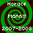 Green and dark brown spiral background with white pixelated text reading 'Horace', 'Mann!!!', and '2007-2008' in four identical quadrants.