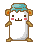 Pixel art character with white body, brown limbs, and blue cap, showing two expressions: neutral with closed mouth and smiling with open mouth.