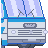 Pixel art bus with blue and white color scheme, featuring front grille, headlights, windshield wipers, and a light purple sky background.