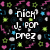 A pixelated image with a black background filled with colorful geometric shapes and text, alongside a person with curly hair wearing dark clothing.