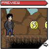Pixel art preview of a character standing on brown terrain with blue sky, holding yellow circular symbols.