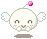 Pixel art contact sheet showing three animated frames of a white round character with wings, pink cheeks, and a floating pink gem above its head against a gray background.