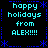 Pixelated holiday greeting with cyan text and blue decorative elements on a black background, repeated in four quadrants.