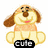 Pixelated cartoon dog with brown ears and nose, light tan body, pink tongue, smiling expression; black banner below reads 'cute' in white lowercase letters.