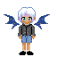 Pixelated character with white hair, blue wings, and a tail, wearing a dark jacket and blue shorts, standing against a gray background.