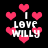Pixelated animation of pink hearts floating around white text reading "I LOVE WILLY" on a black background.